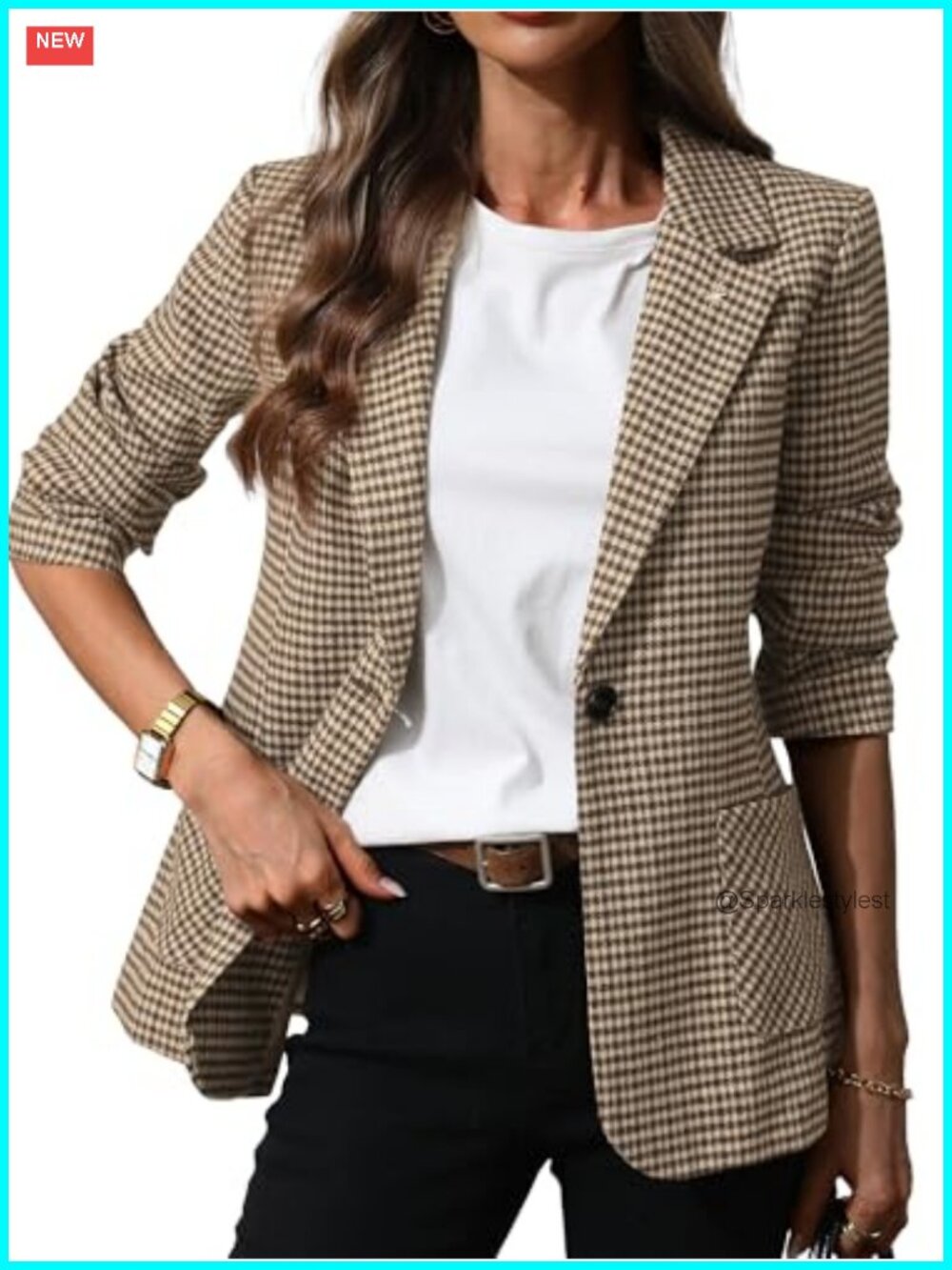 Women's Plaid Blazer with Embroidered Collar Business Casual Houndstooth Notch
